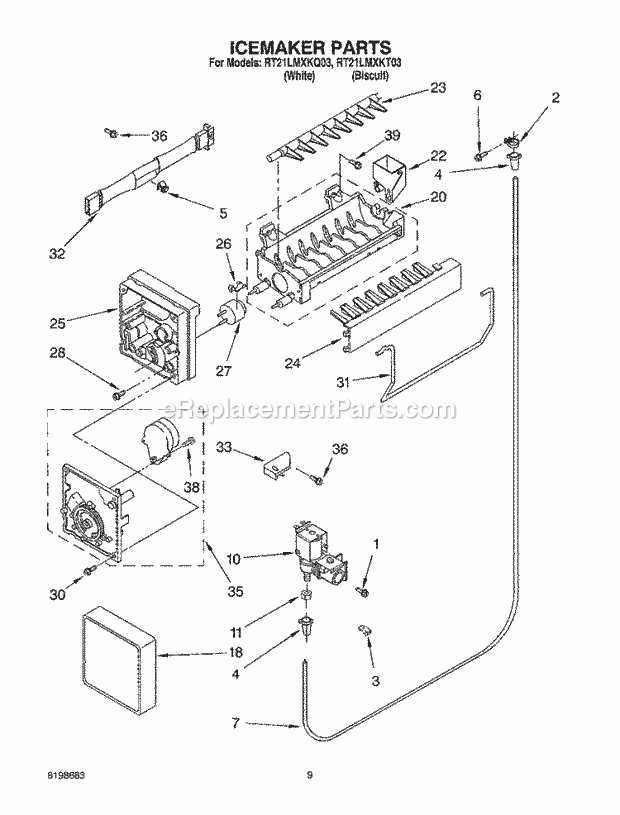 Roper RT21LMXKT03 Top Freezer Top-Mount Refrigerator Icemaker Parts Diagram