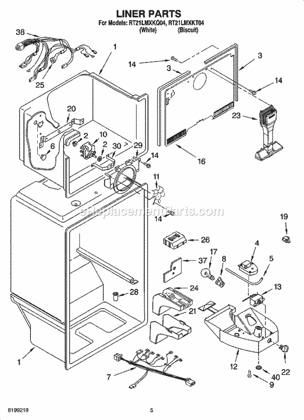 Roper RT21LMXKT04 Top Freezer Top-Mount Refrigerator Liner Parts Diagram