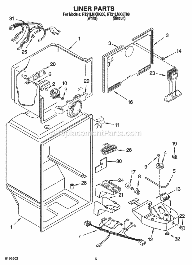 Roper RT21LMXKT06 Top Freezer Top-Mount Refrigerator Liner Parts Diagram