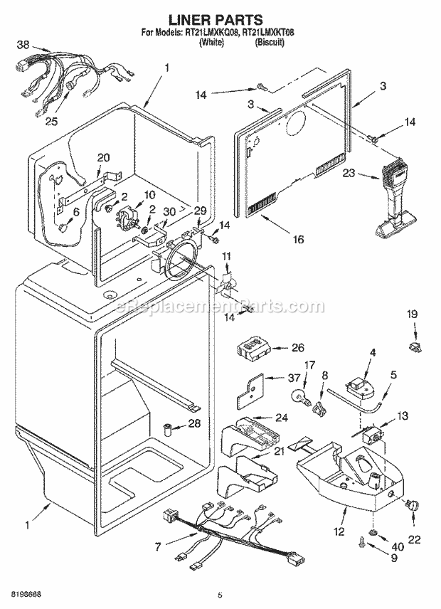 Roper RT21LMXKT08 Top Freezer Top-Mount Refrigerator Liner Parts Diagram