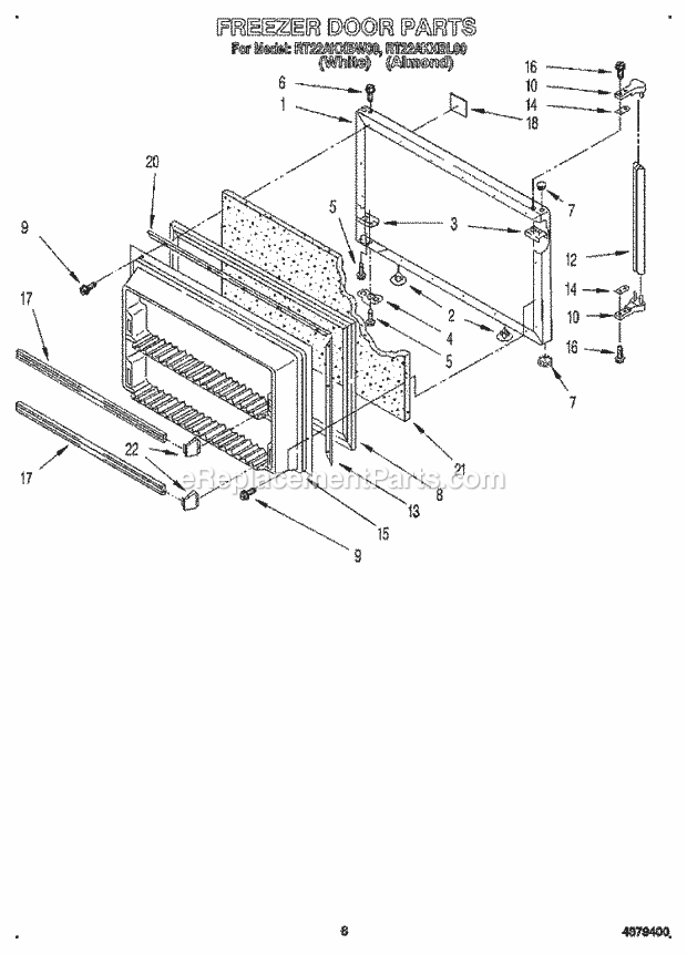 Roper RT22AKXBW00 Top Freezer Refrigerator Freezer Door Diagram