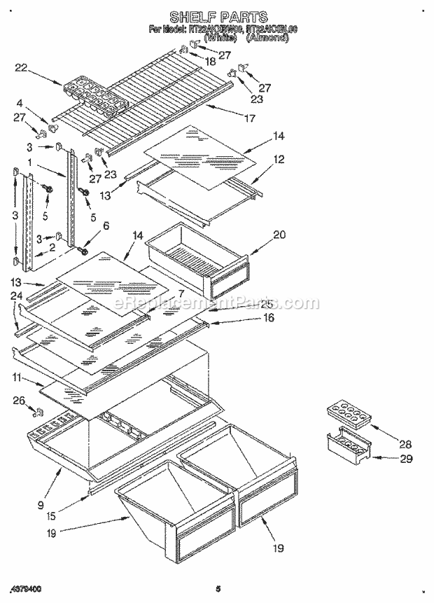 Roper RT22AKXBW00 Top Freezer Refrigerator Shelf Diagram