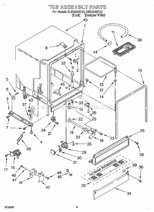 Roper RUD3000DQ3 Undercounter Dishwasher Tub Assembly Diagram