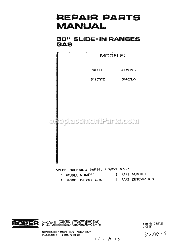 Roper S4257W0 Slide-In, Gas Slide-in Gas Range Page F Diagram