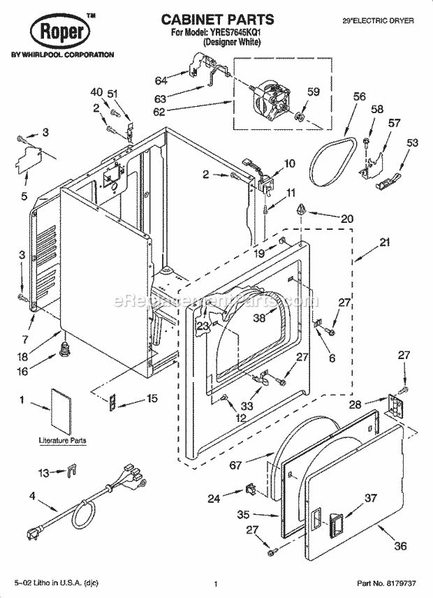 Roper YRES7645KQ1 Residential Residential Dryer Cabinet Parts Diagram