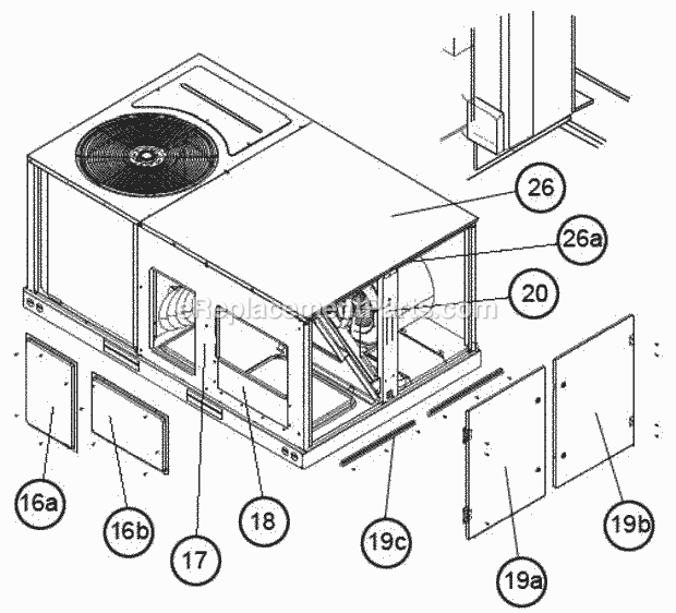Ruud RLPN-A048CL006CXF Package Air Conditioners - Commercial End Panel View (Hinged Panels) Diagram