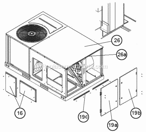 Ruud RLQN-C048CL000AVA Package Air Conditioners - Commercial End Panel View (Hinged Panels) Diagram