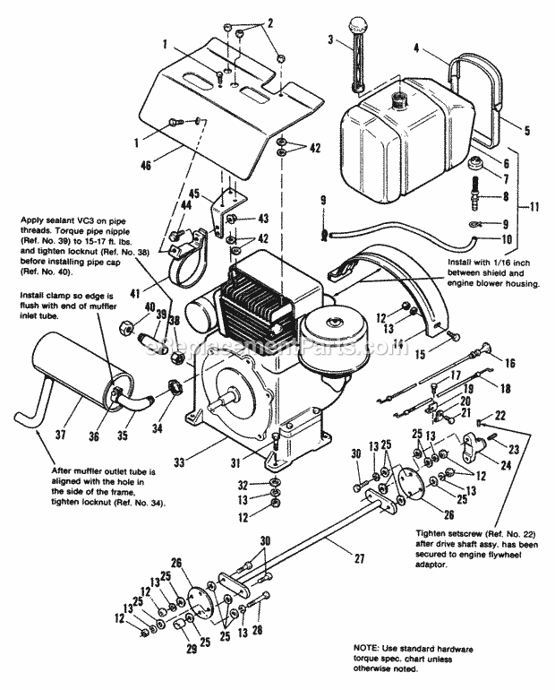 Simplicity 1690575 916H, 16Hp Hydro Garden Tractor Engine Exhaust  Drive Shaft Group - 7116 Early Models Diagram