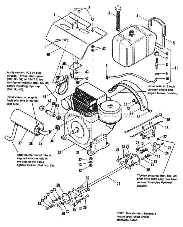 Simplicity 1690577 7116H, 16Hp Hydro Garden Tractor Engine Exhaust  Drive Shaft Group - 7116 Early Models Diagram