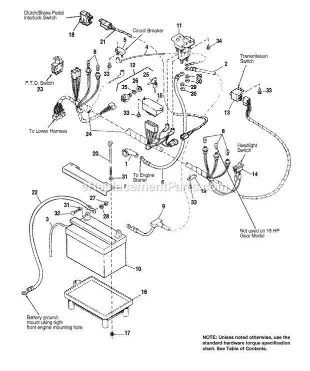Simplicity 1692605 1614H, 14Hp Hydro Tractor Only Electrical - Main Harness Diagram