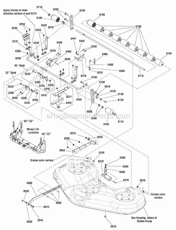 Simplicity 2690914 2724H, 24Hp Hydro 2Wd Wps Rmo 46  52 Mower Deck - Height Adjustment  Roller Bar Group (988330 988332 2989499) Diagram