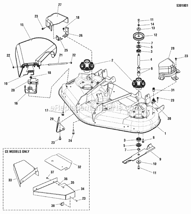 Simplicity 5900961 Champion 2752, 27Hp Zero-Turn 52 Mower Deck - Housing Covers Spindles  Blades Group Diagram