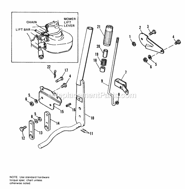 Simplicity 990597 Yeoman, 627 W32In Mower Lift Lever Group Diagram