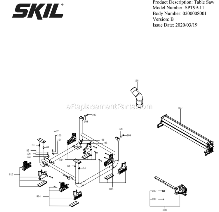 SKIL SPT99-11 (B) 10 In. Heavy Duty Worm Drive Table Saw With Stand Page B Diagram