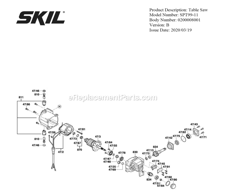 SKIL SPT99-11 (B) 10 In. Heavy Duty Worm Drive Table Saw With Stand Page D Diagram