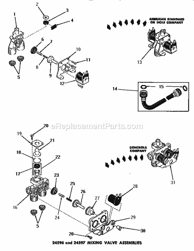 Speed Queen DA9011 Residential Domestic Automatic Washer 24596 & 24597 Mixing Valve Assemblies Diagram