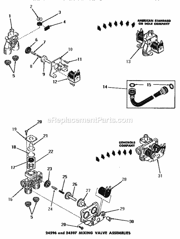 Speed Queen DA9043 Residential Domestic Automatic Washer 24596 & 24597 Mixing Valve Assemblies Diagram