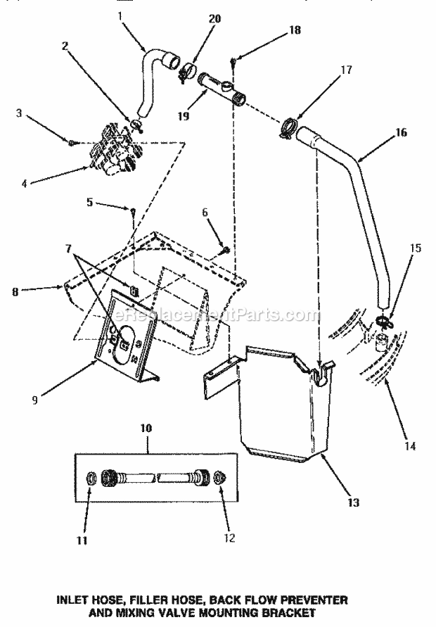 Speed Queen NA8631 Residential Home Laundry Automatic Washers Hoses / Back Fl Preventer & Vlv Brkt Diagram