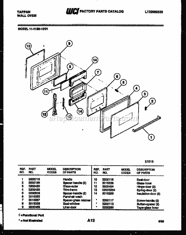 Tappan 11-1159-00-01 Built-In, Electric Wall Oven - Lt32089330 Door Parts Diagram