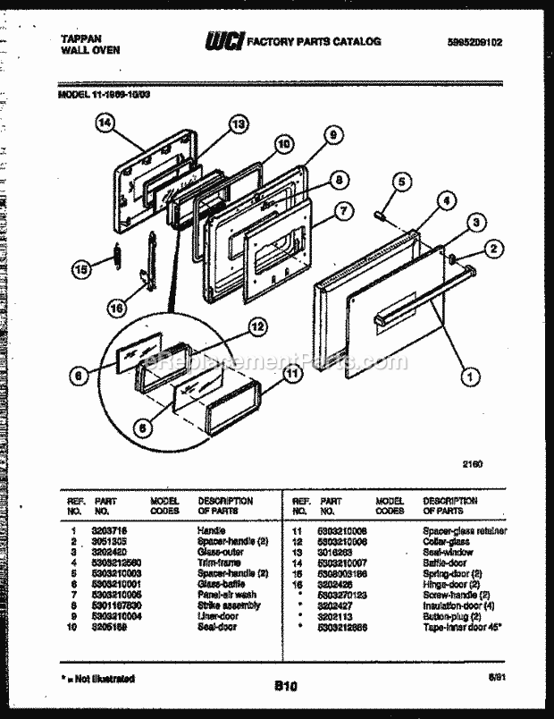 Tappan 11-1969-00-03 Built-In, Electric Wall Oven - 5995209102 Door Parts Diagram