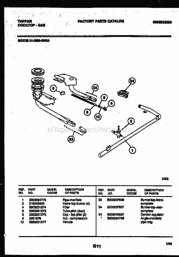 Tappan 14-2629-00-0A Gas Cooktop - Gas - 5995232328 Burner, Manifold and Gas Control Diagram