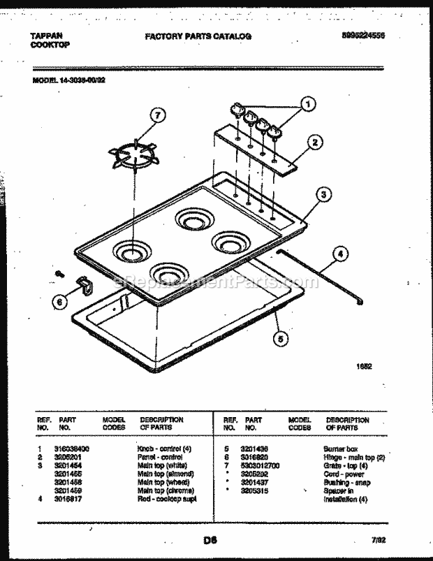 Tappan 14-3038-00-02 Gas Cooktop - 5995224556 Cooktop Parts Diagram