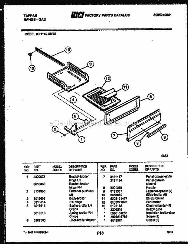 Tappan 30-1149-23-05 Gas Range - Gas - 5995212841 Broiler Drawer Parts Diagram