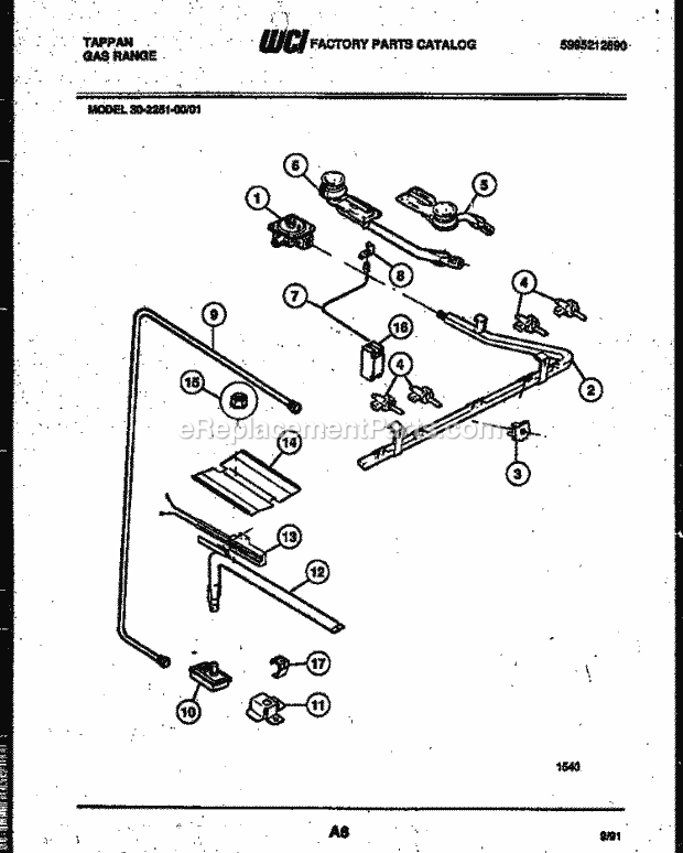 Tappan 30-2251-23-01 Gas Range - Gas - 5995212890 Burner, Manifold and Gas Control Diagram