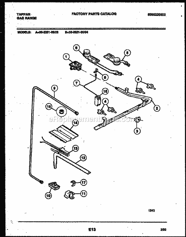 Tappan 30-2251-23-04 Gas Range - Gas - 5995220000 Burner Parts Diagram