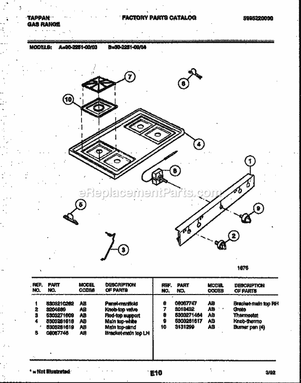 Tappan 30-2251-23-04 Gas Range - Gas - 5995220000 Cooktop Parts Diagram