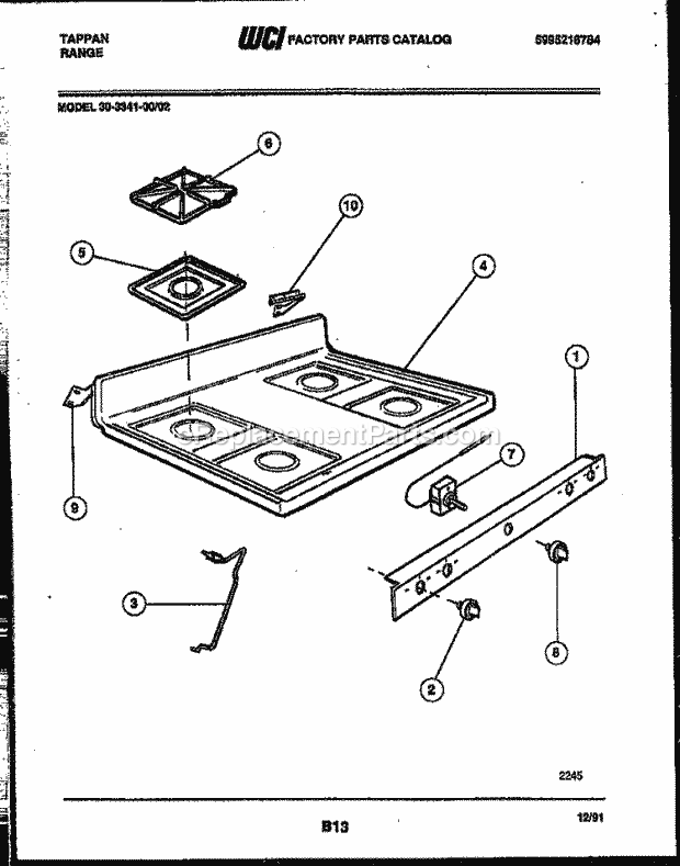 Tappan 30-3341-23-02 Gas Range - Gas - 5995216784 Cooktop Parts Diagram