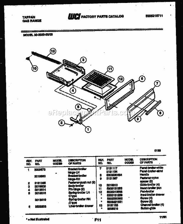 Tappan 30-3350-00-03 Gas Gas Range - 5995215711 Broiler Drawer Parts Diagram