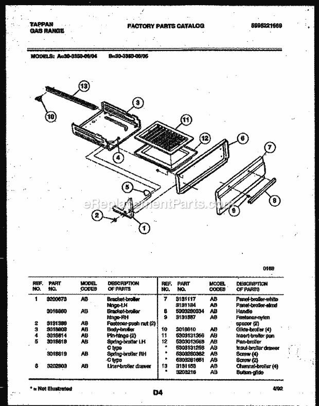 Tappan 30-3350-00-04 Gas Gas Range - 5995221669 Broiler Drawer Parts Diagram