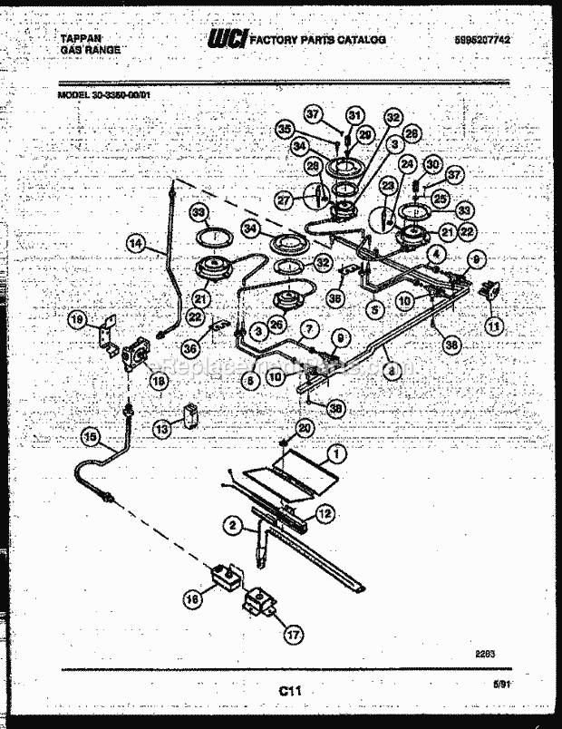 Tappan 30-3350-23-01 Gas Gas Range - 5995207742 Burner, Manifold and Gas Control Diagram