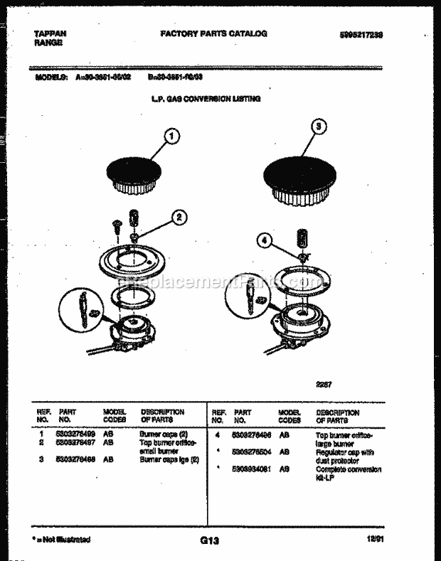 Tappan 30-3851-00-03 Gas Range - Gas - 5995217238 Burner Parts Diagram