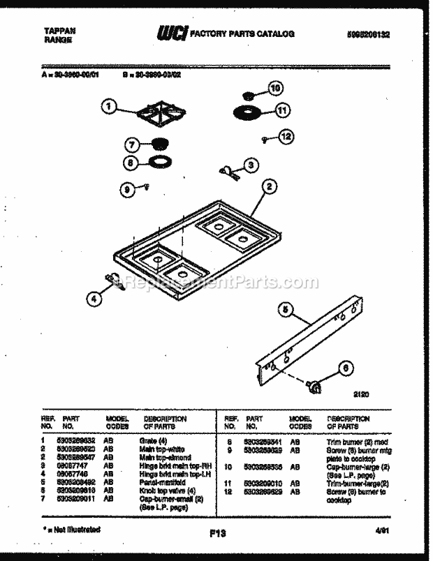 Tappan 30-3860-00-02 Gas Range - Gas - 5995206132 Cooktop Parts Diagram