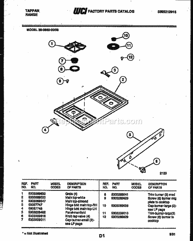 Tappan 30-3860-23-03 Gas Range - Gas - 5995212916 Cooktop Parts Diagram