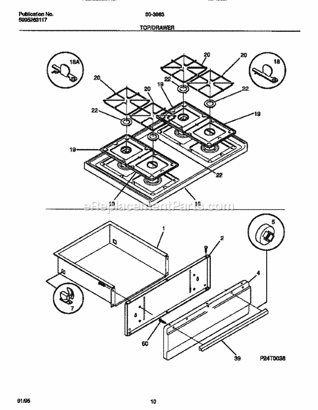 Tappan 30-3863-23-03 Freestanding, Gas Gas Range - 5995263117 Top / Drawer Diagram