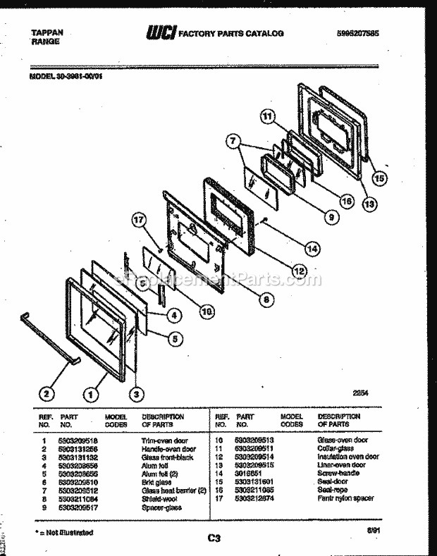 Tappan 30-3981-23-01 Gas Range - Gas - 5995207585 Door Parts Diagram