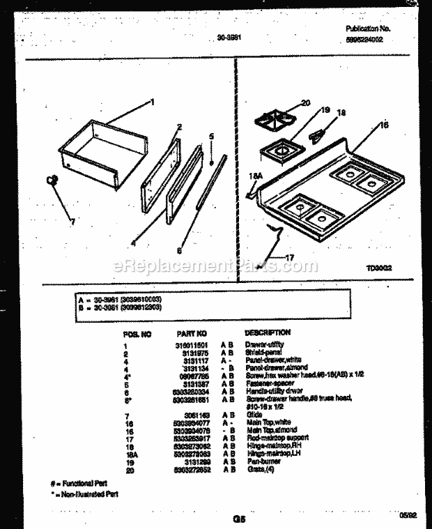 Tappan 30-3981-23-03 Gas Range - Gas - 5995224002 Cooktop and Drawer Parts Diagram