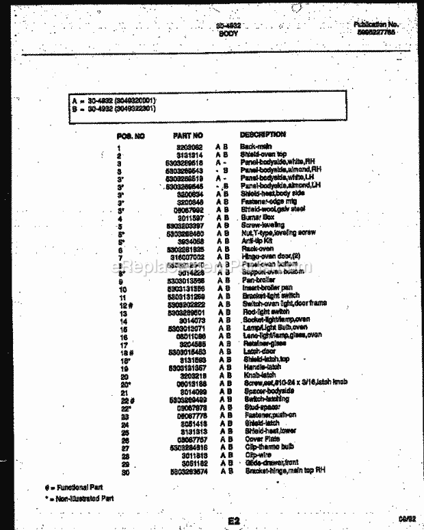 Tappan 30-4932-23-01 Gas Range - Gas - 5995227765 Body Parts Diagram