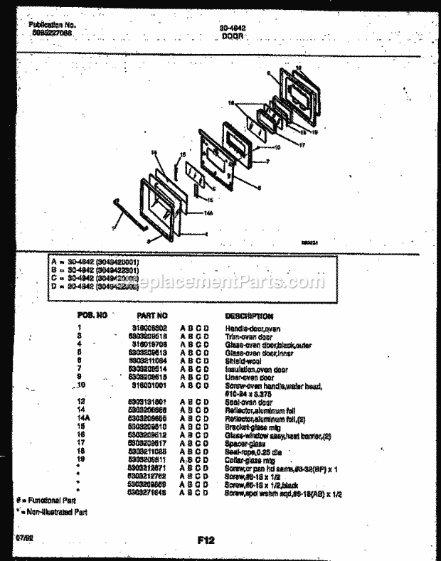 Tappan 30-4942-00-01 Gas Range - Gas - 5995227088 Door Parts Diagram