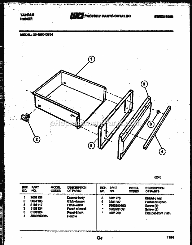 Tappan 30-4980-00-04 Gas Range - Gas - 5995215968 Drawer Parts Diagram