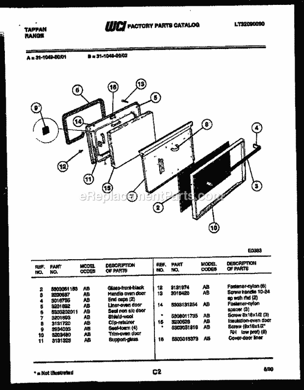 Tappan 31-1049-00-01 Electric Range - Electric - Lt32090090 Door Parts Diagram