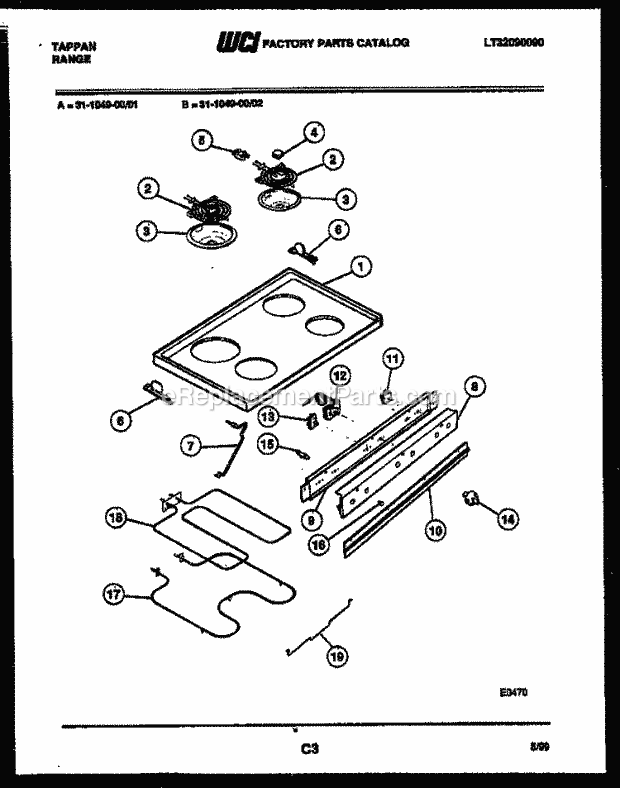 Tappan 31-1049-23-01 Electric Range - Electric - Lt32090090 Cooktop and Broiler Parts Diagram