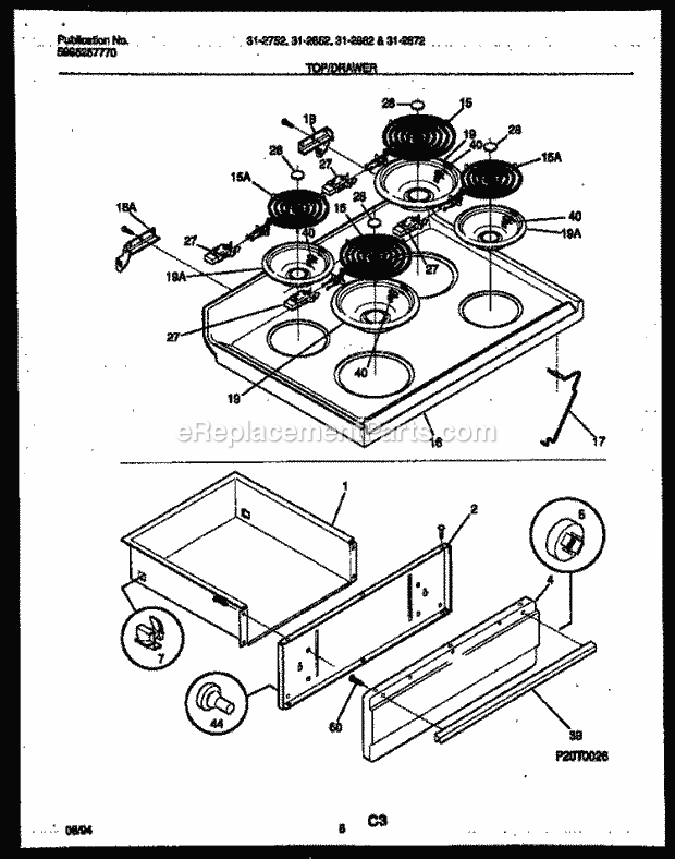 Tappan 31-2752-23-02 Freestanding, Electric Electric - Range - 5995257770 Cooktop and Drawer Parts Diagram