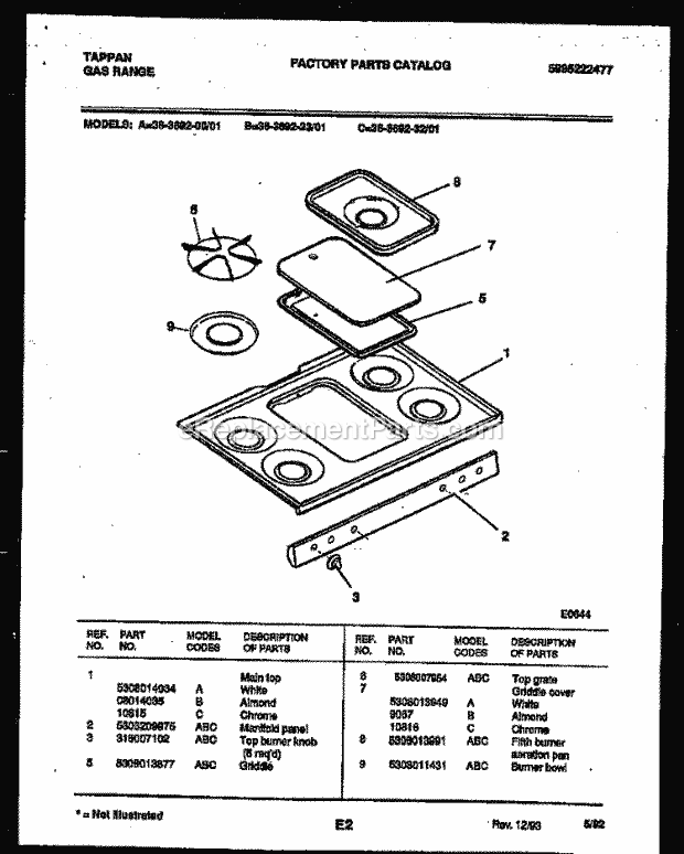 Tappan 36-3692-00-01 Gas Range - Gas - 5995222477 Cooktop Parts Diagram