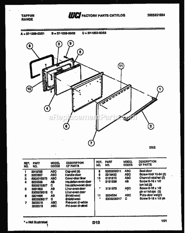 Tappan 37-1009-00-01 Freestanding, Electric Range - Electric - 5995201224 Door Parts Diagram