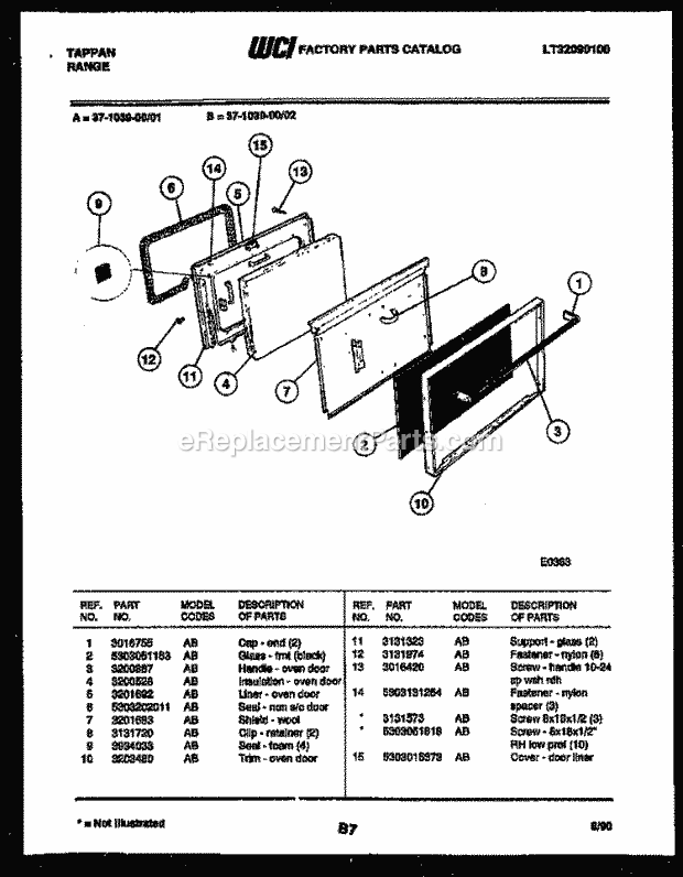 Tappan 37-1039-00-01 Freestanding, Electric Range - Electric - Lt32090100 Door Parts Diagram
