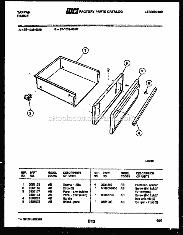 Tappan 37-1039-00-01 Freestanding, Electric Range - Electric - Lt32090100 Drawer Parts Diagram
